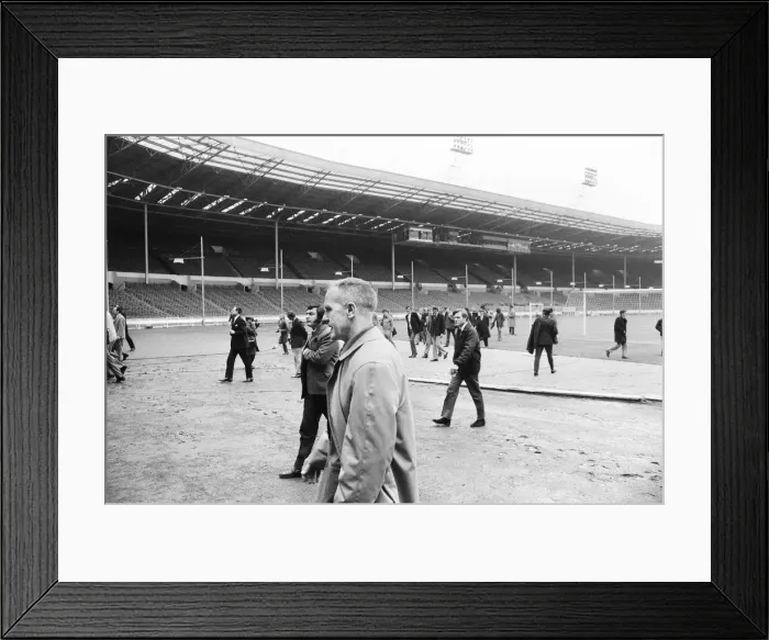 Framed Print : Liverpool manager Bill Shankly at Wembley Stadium to inspect the pitch ahead of his Framed Print : Liverpool manager Bill Shankly at Wembley Stadium to inspect the pitch ahead of his