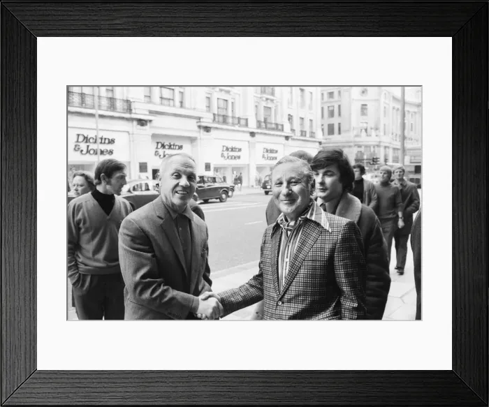 Framed Print : Liverpool manager Bill Shankly greets Recording company executive Abe Goff in Regent