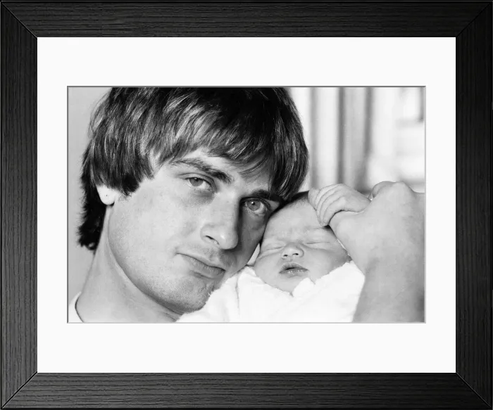 Framed Print : Mike Oldfield, musician and composer, pictured at home with family, baby son Dougal