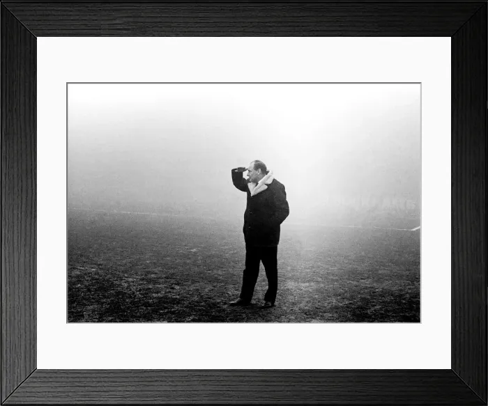 Framed Print : Harry Potts Manager of Burnley F. C. peers into the gloom at Manchester City ground today Framed Print : Harry Potts Manager of Burnley F. C. peers into the gloom at Manchester City ground today