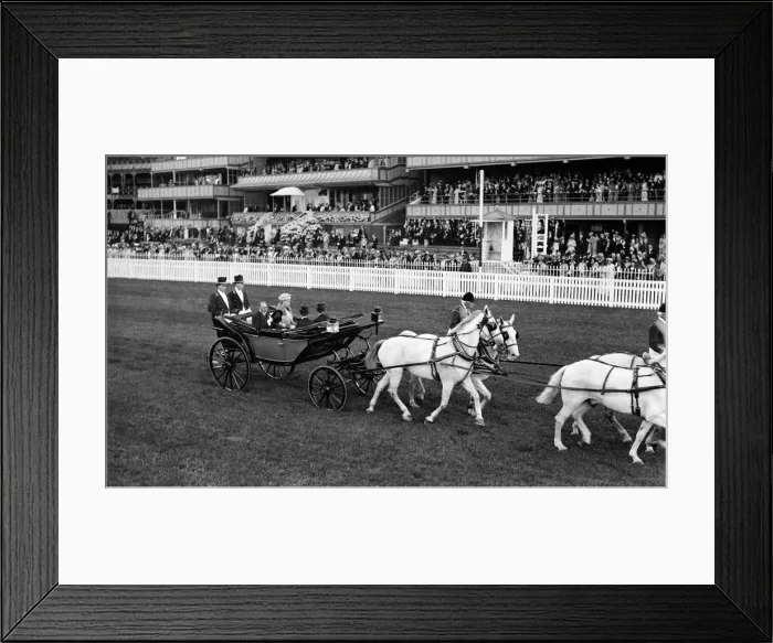 Framed Print : King George V and Queen Mary arrive at Ascot in horse drawn carriage with white horses