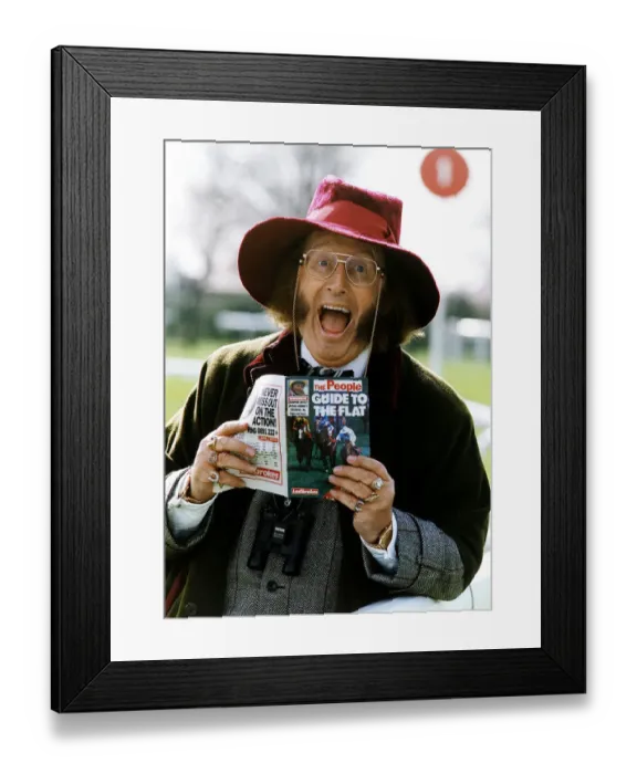 Framed Print : Horse Racing Journalist John McCririck, holding a copy of the People Guide to Flat Racing Framed Print : Horse Racing Journalist John McCririck, holding a copy of the People Guide to Flat Racing