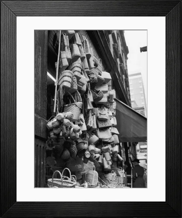 Framed Print : A collection of wicker bags and baskets for sale in Rupert Street, Soho. Circa 1955