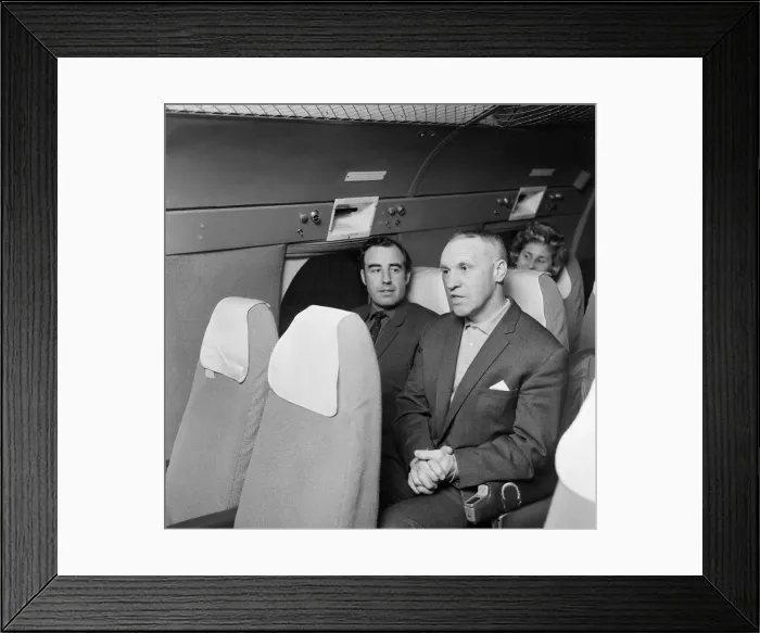 Framed Print : Liverpool manager Bill Shankly on board a plane en route to Lisbon Framed Print : Liverpool manager Bill Shankly on board a plane en route to Lisbon