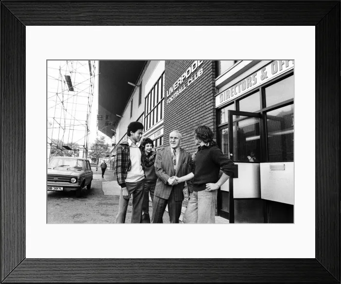 Framed Print : Liverpool manager Bill Shankly greets young fans outside the directors office at Anfield Framed Print : Liverpool manager Bill Shankly greets young fans outside the directors office at Anfield