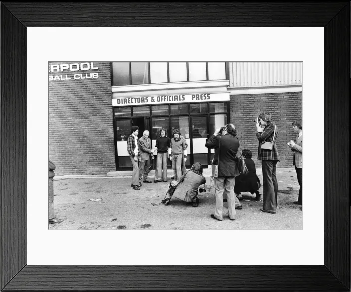 Framed Print : Liverpool manager Bill Shankly greets young fans outside the directors office at Anfield