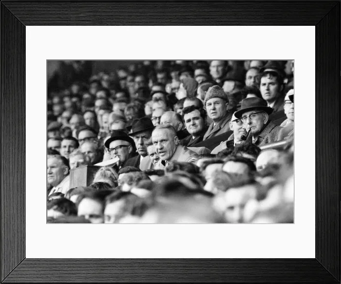 Framed Print : Liverpool manager Bill Shankly watching a game in the stands, April 1971 Framed Print : Liverpool manager Bill Shankly watching a game in the stands, April 1971