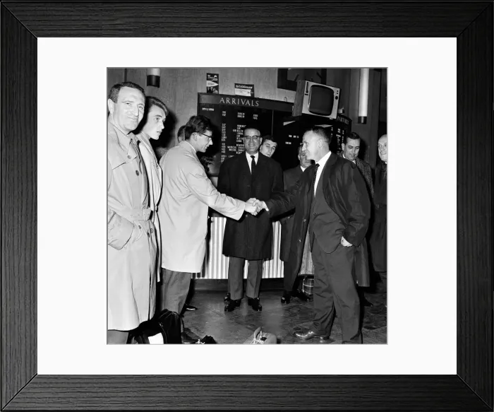 Framed Print : Liverpool manager Bill Shankly greets Jozef Jurion, captain of the Belgian team Framed Print : Liverpool manager Bill Shankly greets Jozef Jurion, captain of the Belgian team