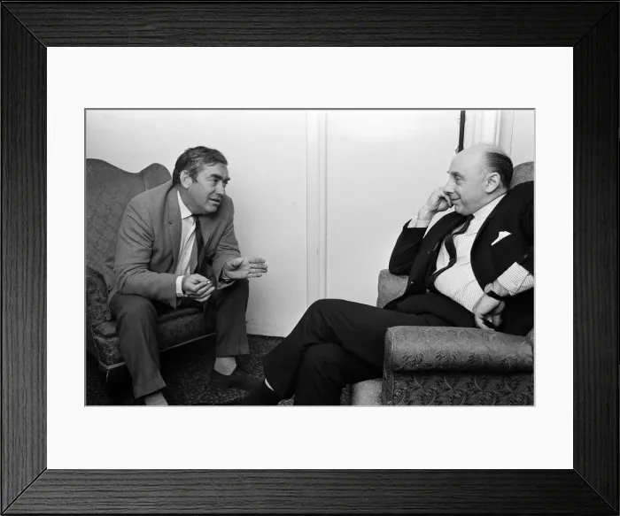 Framed Print : Tony Hancock talks with Donald Zec in his flat The White House, Regents Park this evening Framed Print : Tony Hancock talks with Donald Zec in his flat The White House, Regents Park this evening