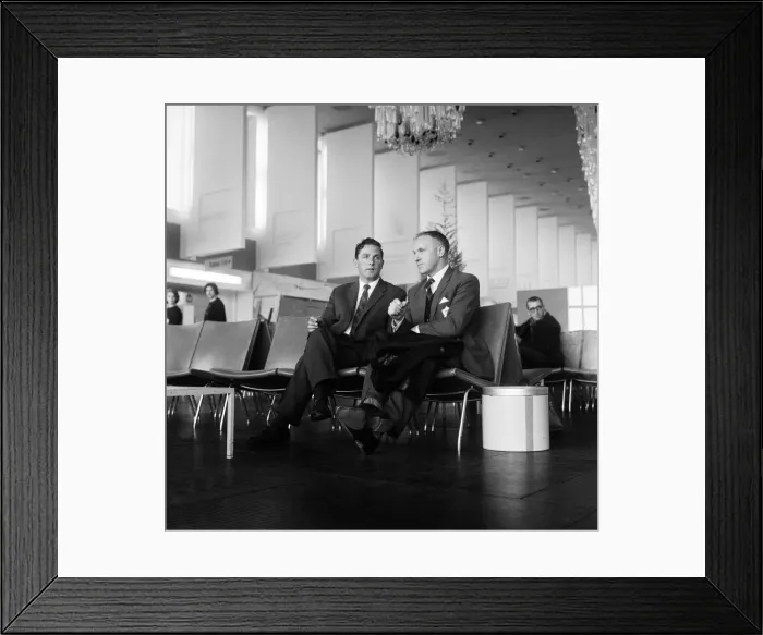 Framed Print : Liverpool manager Bill Shankly chats with team coach driver Ted Hornby at Ringway airport Framed Print : Liverpool manager Bill Shankly chats with team coach driver Ted Hornby at Ringway airport