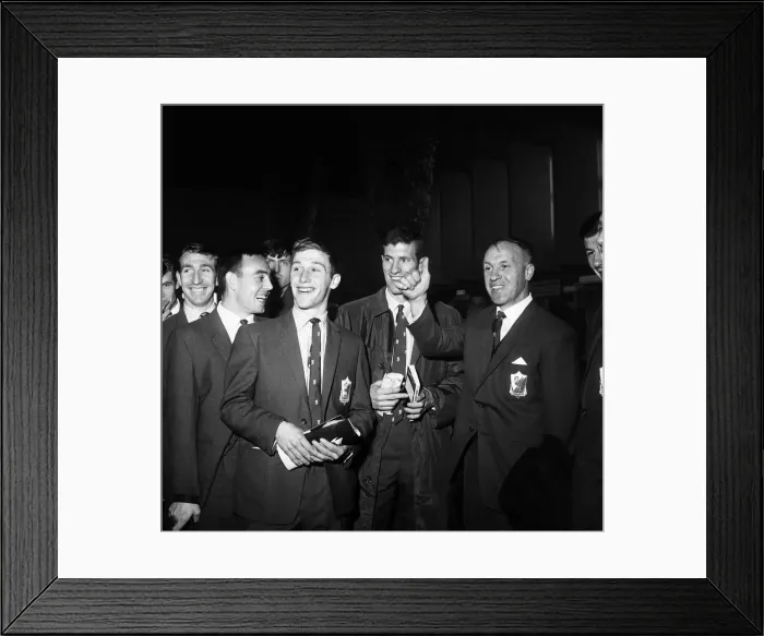 Framed Print : Liverpool manager Bill Shankly has a joke with his players at Ringway airport