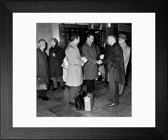 Framed Print : Liverpool manager Bill Shankly greets officials from the Belgian team Anderlecht as they Framed Print : Liverpool manager Bill Shankly greets officials from the Belgian team Anderlecht as they