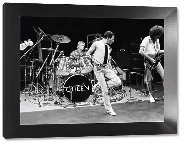 Rock group Queen performing on stage rehearsals for Live Aid at the Shaw Theatre, Euston
