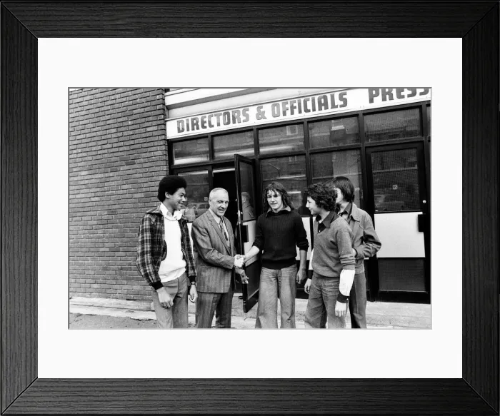 Framed Print : Liverpool manager Bill Shankly greets young fans outside the directors office at Anfield Framed Print : Liverpool manager Bill Shankly greets young fans outside the directors office at Anfield