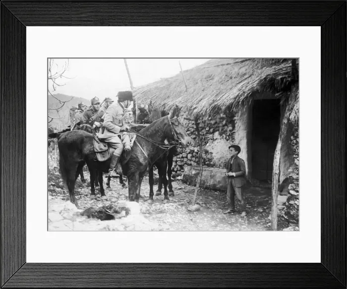 Framed Print : The Italian Cavalry on patrol in the mountains making enquiries at a village Framed Print : The Italian Cavalry on patrol in the mountains making enquiries at a village