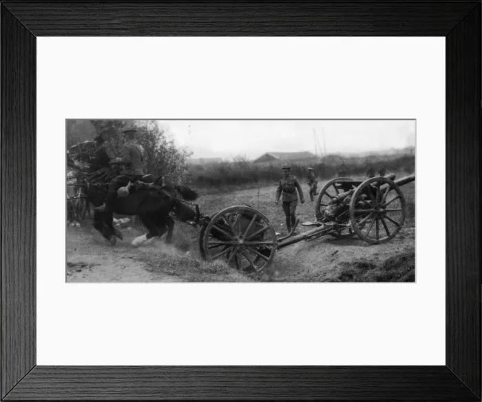 Framed Print : Royal Field Artillery team crossing a ditch as they move their guns in to position in