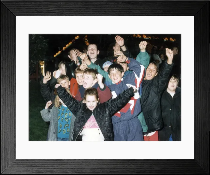 Framed Print : Youngsters salute Manchester 2000 Olympic Bid hopes at Piccadilly Gardens firework Framed Print : Youngsters salute Manchester 2000 Olympic Bid hopes at Piccadilly Gardens firework