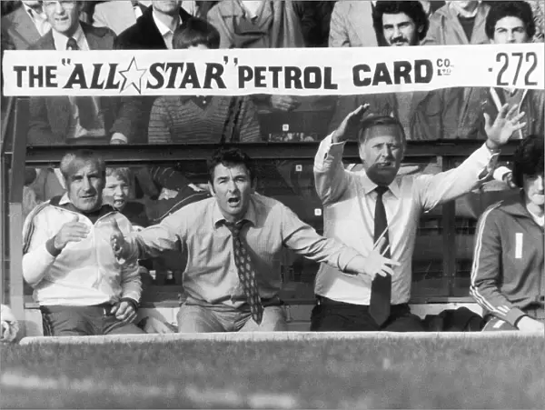 Nottingham Forest manager Brian Clough animated on the bench with Peter Taylor October