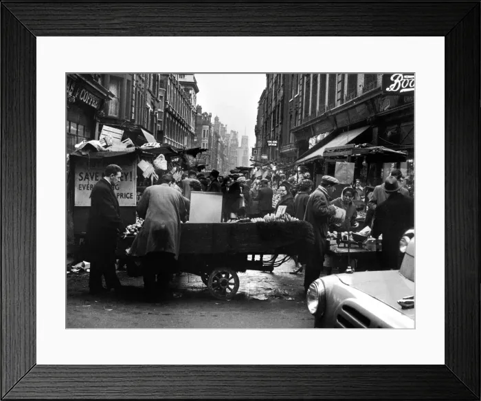 Framed Print : Rupert Street, Soho. Fruit and Veg is sold from a cart outside Boots. Circa 1955 Framed Print : Rupert Street, Soho. Fruit and Veg is sold from a cart outside Boots. Circa 1955
