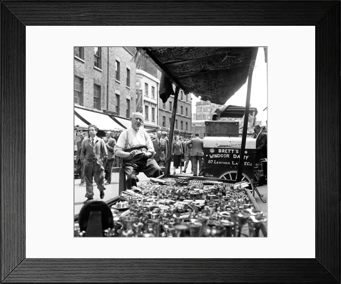 Framed Print : Silversmith stall during the down to earth market in Leather Lane in Holborn. Circa 1954 Framed Print : Silversmith stall during the down to earth market in Leather Lane in Holborn. Circa 1954
