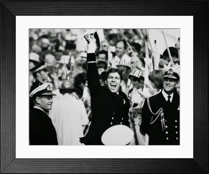 Framed Print : Jubilant Prince Andrew ashore with proud father Prince Philip after the carrier HMS