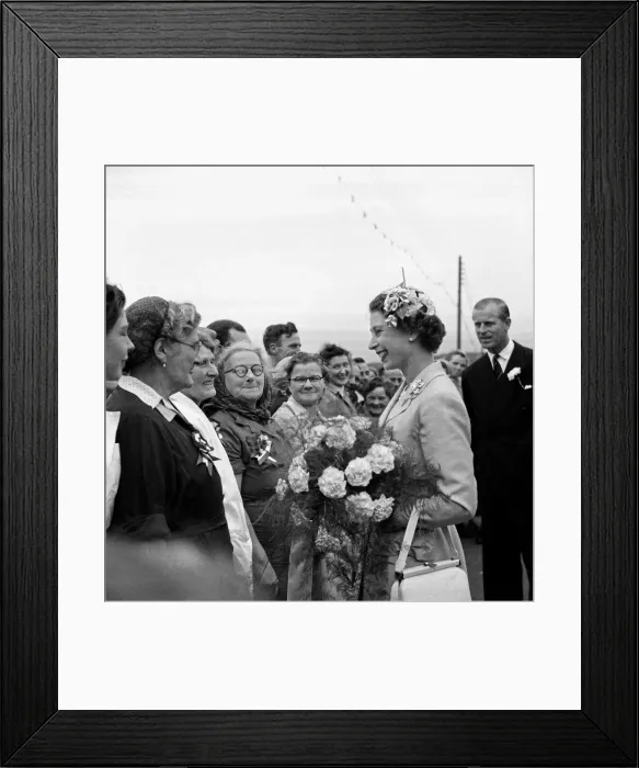 Framed Print : Queen Elizabeth chats with fisher Women at Peel Isle of man with Prince Philip Duke of Framed Print : Queen Elizabeth chats with fisher Women at Peel Isle of man with Prince Philip Duke of