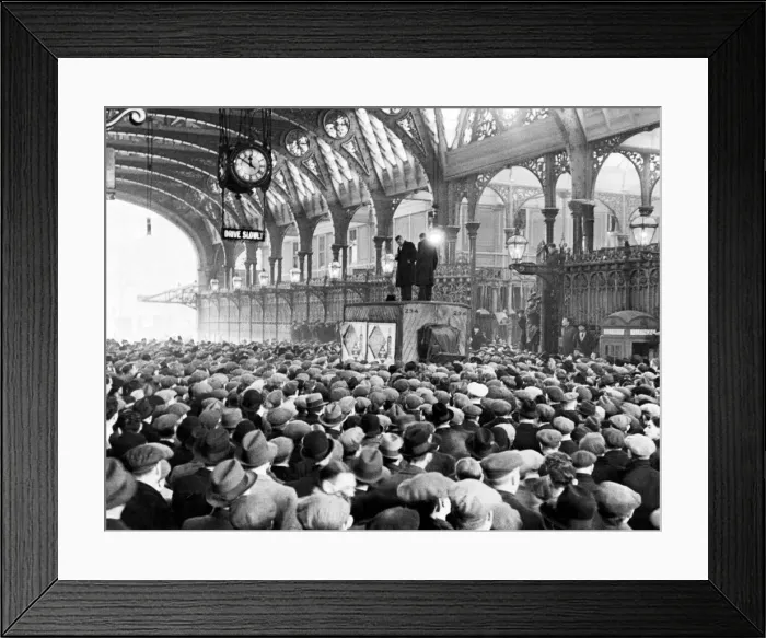 Framed Print : Meat Strike. A meeting in progress at Smithfield Meat market showing two delegates making Framed Print : Meat Strike. A meeting in progress at Smithfield Meat market showing two delegates making