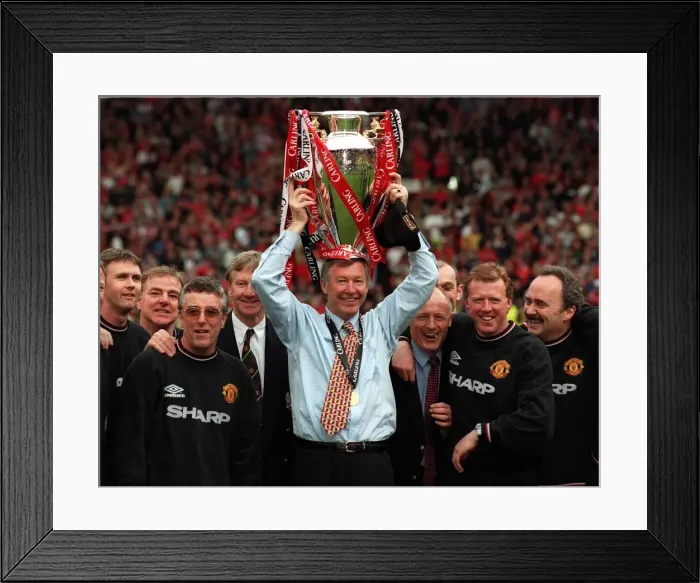 Framed Print : Alex Fergusonwith the Premiership trophy May 1999 on his headafter his Manchester Framed Print : Alex Fergusonwith the Premiership trophy May 1999 on his headafter his Manchester