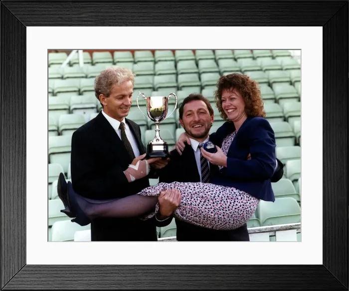 Framed Print : David Gower former England Cricket Captain holds cup presented to Trevor Clifford Framed Print : David Gower former England Cricket Captain holds cup presented to Trevor Clifford