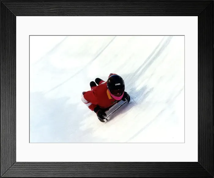 Framed Print : David Gower is tobogganing down a iced circuit, January 1990 Framed Print : David Gower is tobogganing down a iced circuit, January 1990