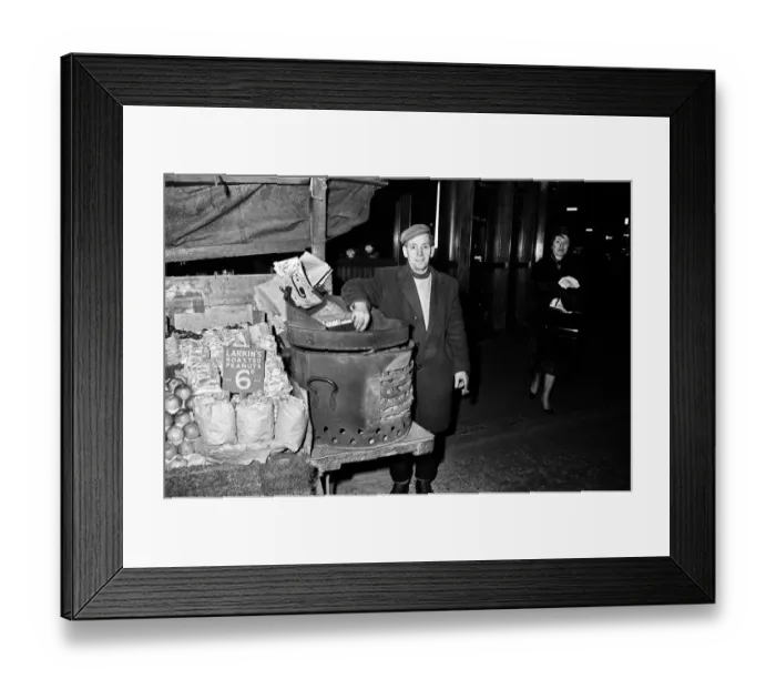 Framed Print : Hot Chestnut hawker in Leicester Square, London. 9th October 1963