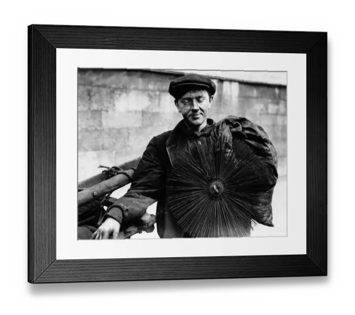Framed Print : Chimney sweep in London with with brush and rods, May 1937 Framed Print : Chimney sweep in London with with brush and rods, May 1937