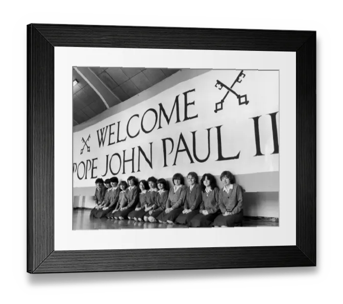 Framed Print : Pupils at Chorlton Convent School make Papal Banner ahead of Pope John Paul II Mass Framed Print : Pupils at Chorlton Convent School make Papal Banner ahead of Pope John Paul II Mass