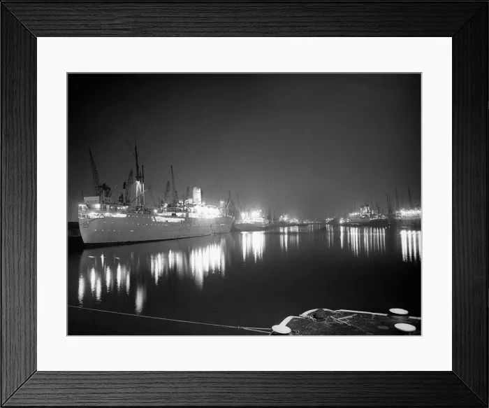 Framed Print : Ships lit up in the strike bound London Docks October 1954 Framed Print : Ships lit up in the strike bound London Docks October 1954