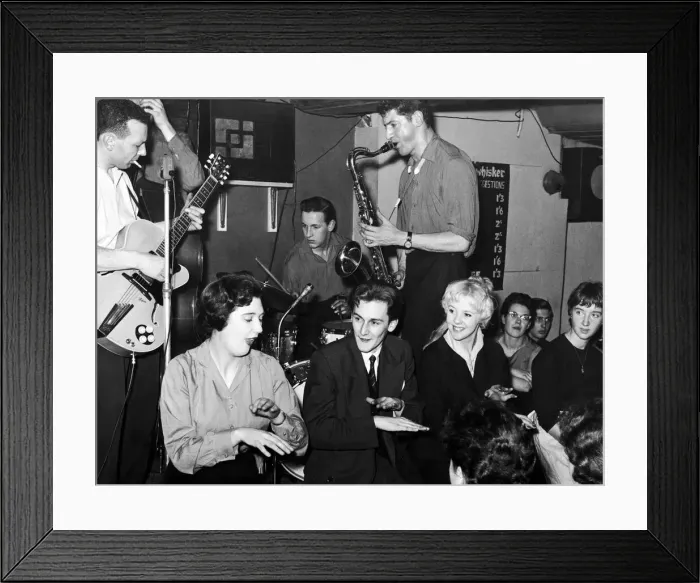Framed Print : The Rock and Roll restaurant. People Hand Jive in front of the band. 27th November 1956 Framed Print : The Rock and Roll restaurant. People Hand Jive in front of the band. 27th November 1956