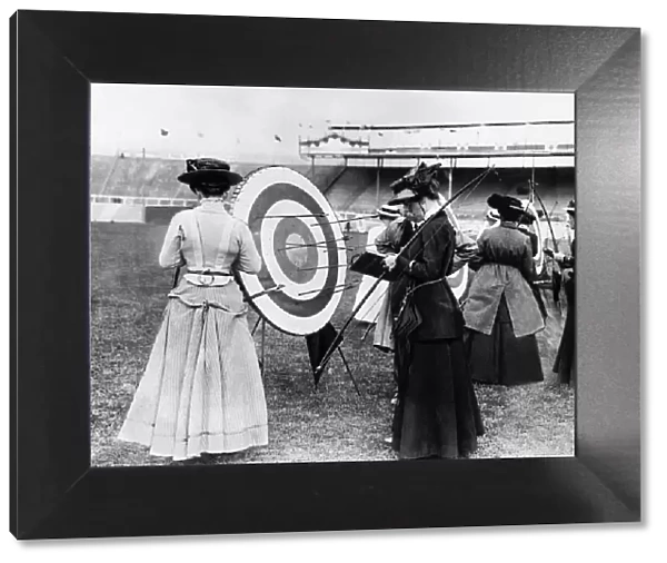 Ladies competing in an archery contest at the Olympic stadium in London 1908
