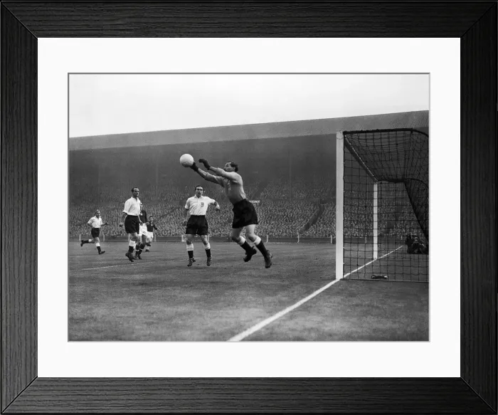 Framed Print : Englands goalkeeper Gilbert Merrick (right) saves from Budai (not show Framed Print : Englands goalkeeper Gilbert Merrick (right) saves from Budai (not show