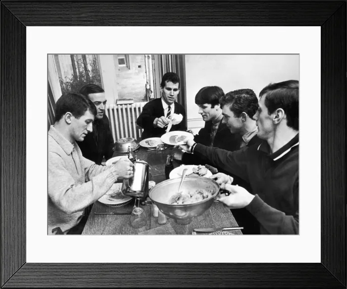 Framed Print : Birmingham City players enjoy lunch at Lilleshall Hall. Left to right are: Fenton, Wylie