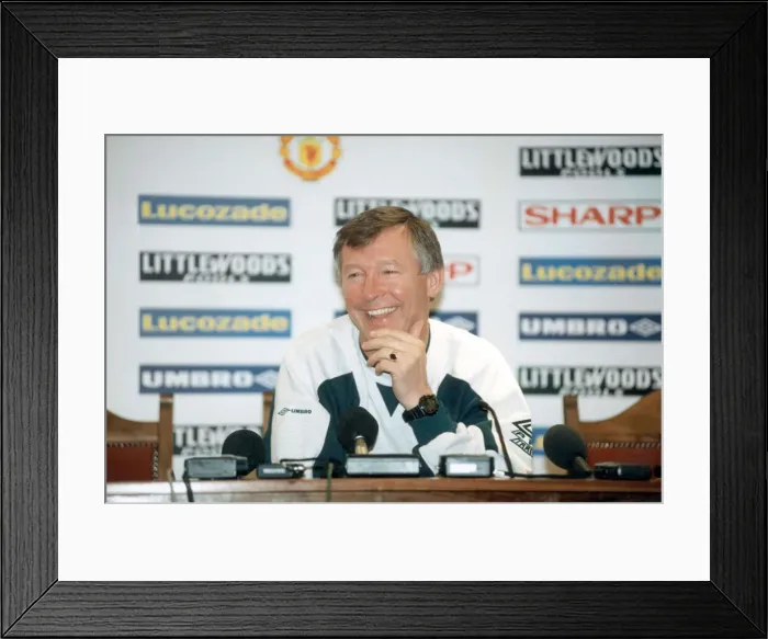 Framed Print : Manchester United manager Alex Ferguson in relaxed mood during a tpress conference at Old Framed Print : Manchester United manager Alex Ferguson in relaxed mood during a tpress conference at Old
