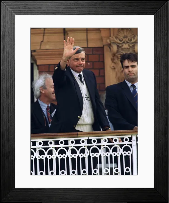 Framed Print : Umpire Dickie Bird wipes a tear from his eye as he stands on the balcony at the end of Framed Print : Umpire Dickie Bird wipes a tear from his eye as he stands on the balcony at the end of