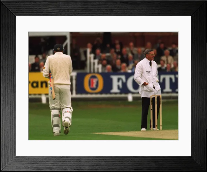 Framed Print : Mike Atherton given out LBW by umpire Dickie Bird in the first over on the first days Framed Print : Mike Atherton given out LBW by umpire Dickie Bird in the first over on the first days