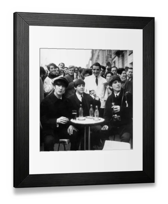 Framed Print : Three Beatles - John, Paul and George enjoy a glass of coca cola at a street cafe in Framed Print : Three Beatles - John, Paul and George enjoy a glass of coca cola at a street cafe in