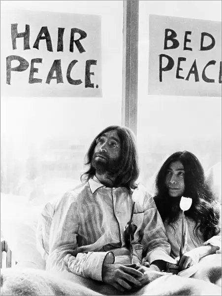 John Lennon in bed with Yoko Ono at the Hilton Hotel Amsterdam during their week long Bed