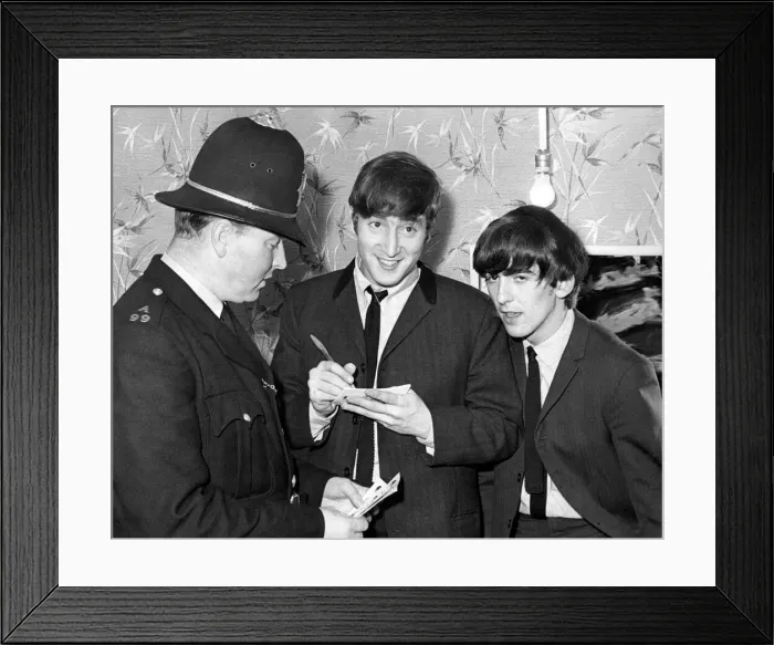 Framed Print : John Lennon and George Harrison sign an autograph for PC T Framed Print : John Lennon and George Harrison sign an autograph for PC T