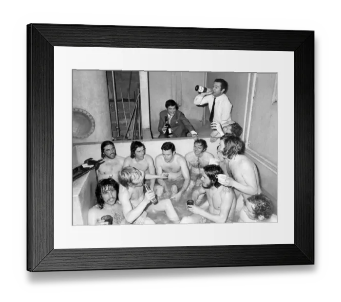 Framed Print : Birmingham City players celebrate in the bath team with manager Freddie Goodwin sitting Framed Print : Birmingham City players celebrate in the bath team with manager Freddie Goodwin sitting