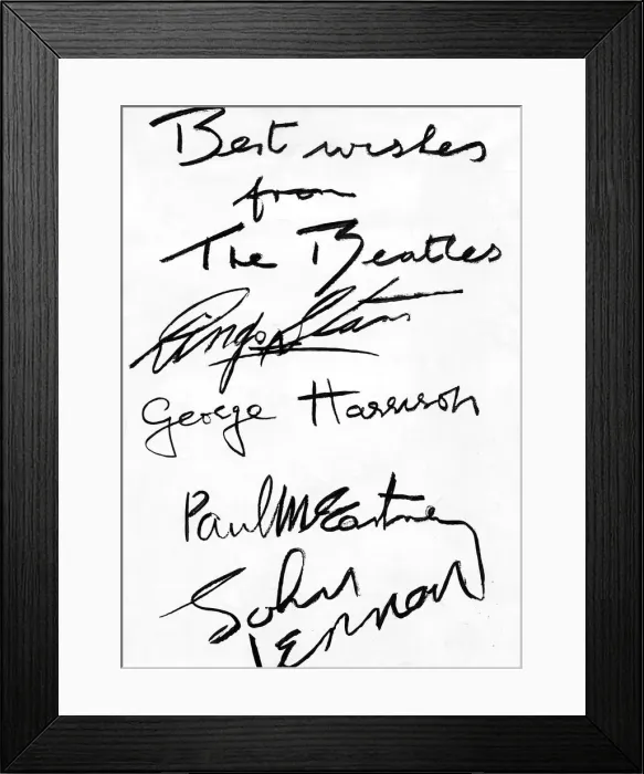 Framed Print : The Beatles - A picture showing the signed autographs of the group - Top to bottom Framed Print : The Beatles - A picture showing the signed autographs of the group - Top to bottom