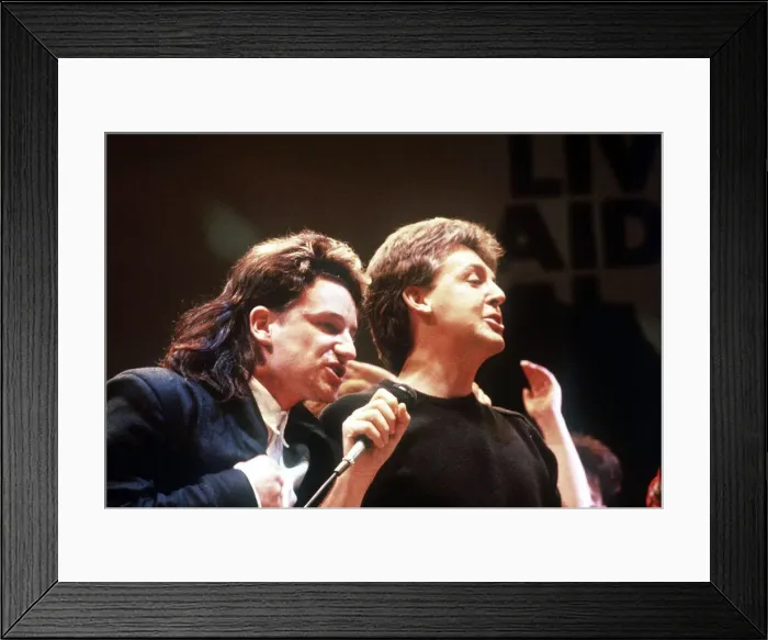 Framed Print : Paul McCartney singer musician and Bono of U2 at the Live aid Concert Wembley Framed Print : Paul McCartney singer musician and Bono of U2 at the Live aid Concert Wembley
