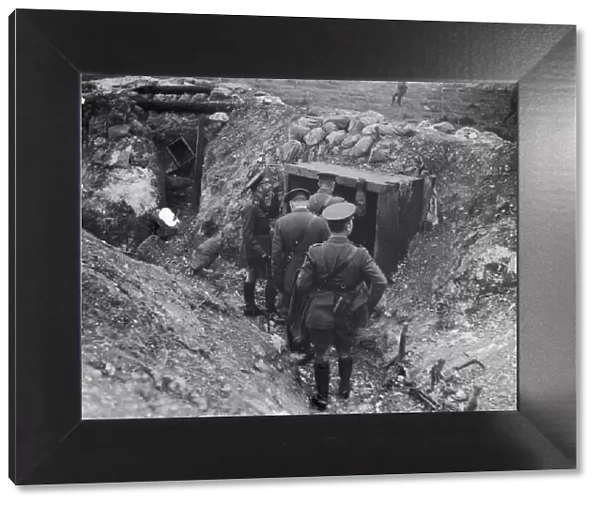 King George V looking at a German dugout, Western Front, during World War I