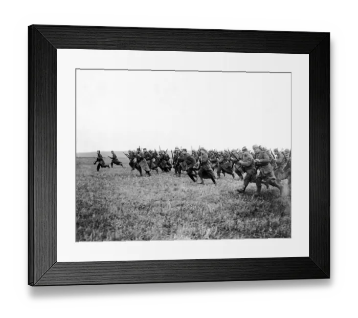 Framed Print : World War I French Soldiers charge across a field with rifles raised circa 1916 Framed Print : World War I French Soldiers charge across a field with rifles raised circa 1916
