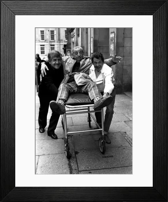 Framed Print : Actors Peter Baldwin, Ben Warriss and David Ross outside the Theatre Royal